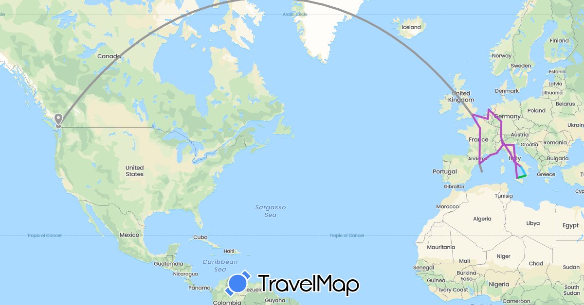 TravelMap itinerary: driving, bus, plane, train, boat in Belgium, Canada, Switzerland, Germany, Spain, France, United Kingdom, Italy, Netherlands (Europe, North America)
